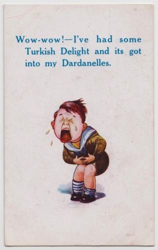 Postkarte Englisch Bauchschmerzen wg Dardanellen